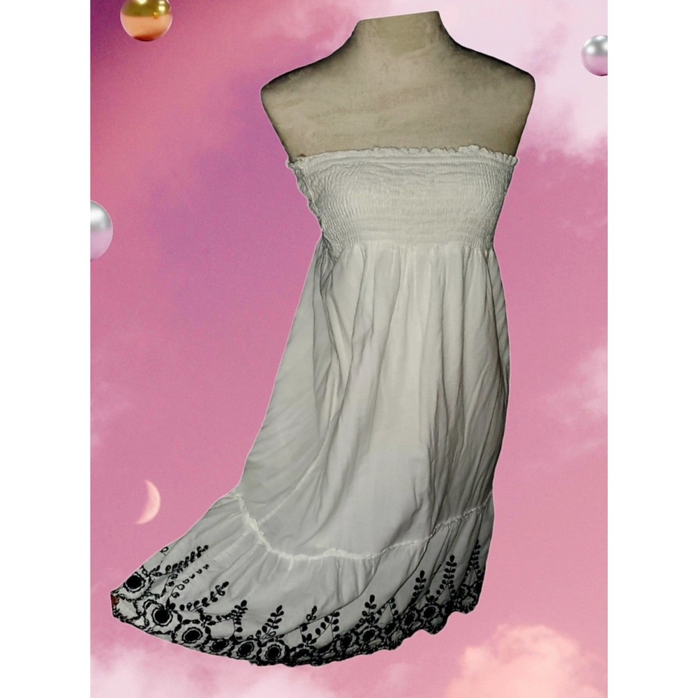 Claudia Richard white Tunic Sundress w/ black embroidery peasant M lined cotton